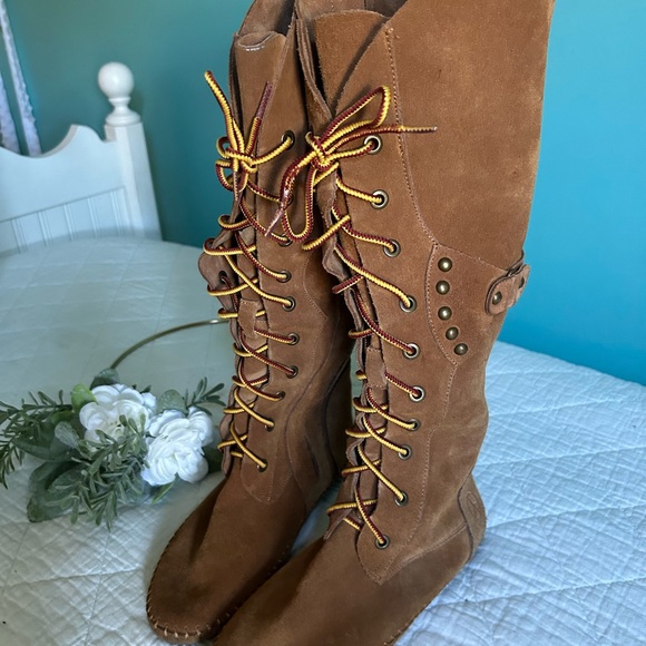 Peace Mocs Shoes - Peace Mocs Lace Up Suede Leather Boho Hippie Tall Moccasin Boots 7